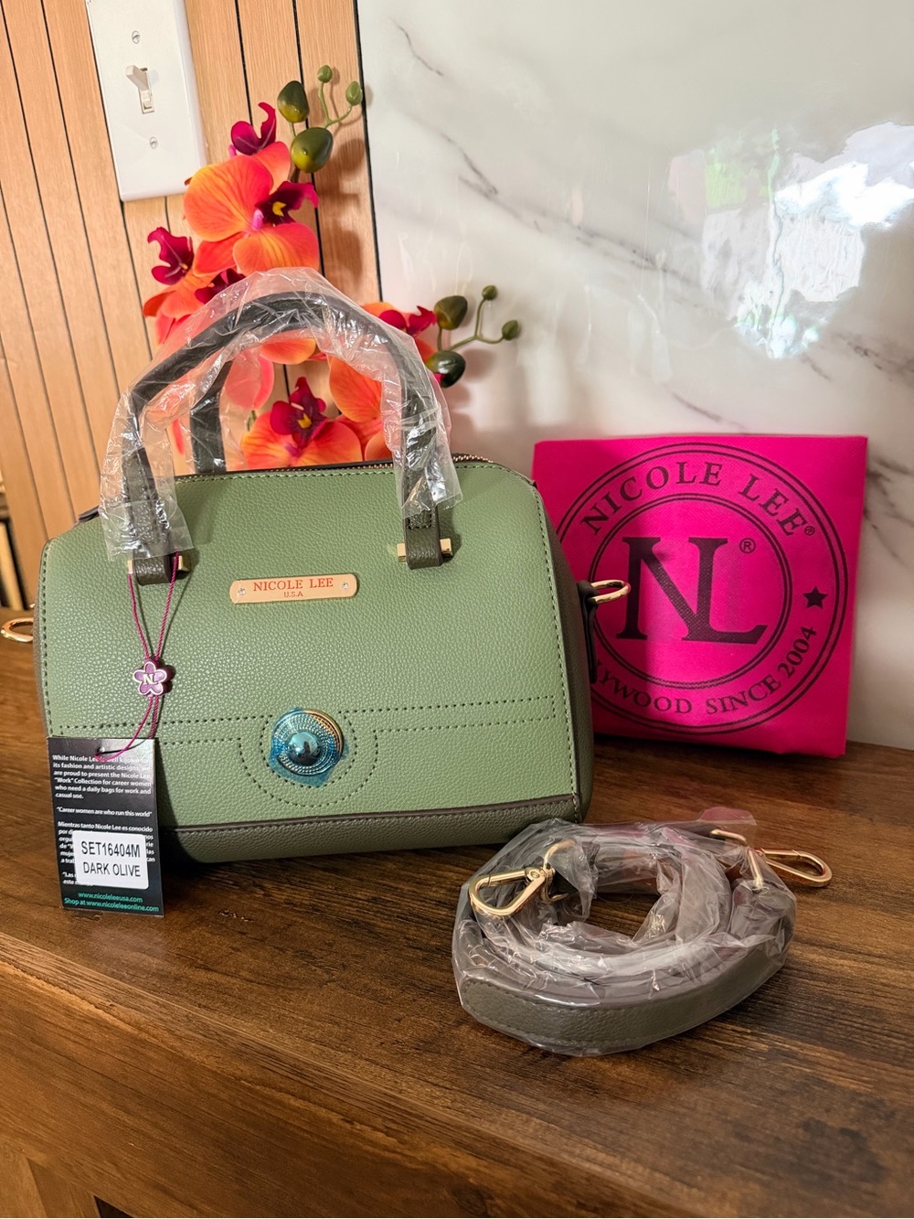 Nicole Lee Dark Olive Dome Satchel with Gold Accents